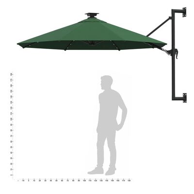 vidaXL Wall-mounted Garden Parasol with LEDs and Metal Pole 118.1" Green