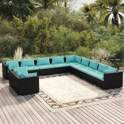 vidaXL 11 Piece Patio Lounge Set with Cushions Black Poly Rattan