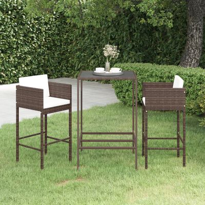 vidaXL 3 Piece Patio Bar Set with Cushions Poly Rattan Brown