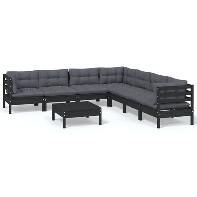 vidaXL 8 Piece Patio Lounge Set with Cushions Black Solid Pinewood