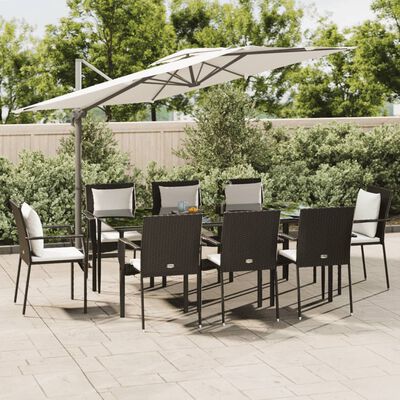 vidaXL 9 Piece Patio Dining Set with Cushions Black Poly Rattan