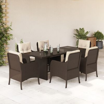 vidaXL 7 Piece Patio Dining Set with Cushions Brown Poly Rattan