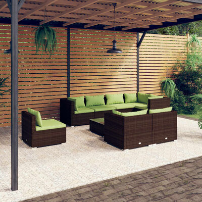 vidaXL 9 Piece Patio Lounge Set with Cushions Poly Rattan Brown