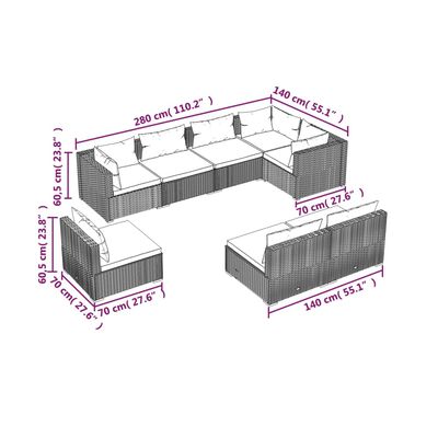 vidaXL 8 Piece Patio Lounge Set with Cushions Poly Rattan Black