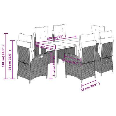 vidaXL 7 Piece Patio Dining Set with Cushions Gray Poly Rattan