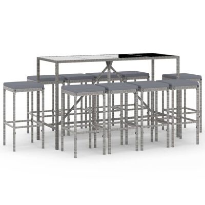 vidaXL 11 Piece Patio Bar Set with Cushions Gray Poly Rattan