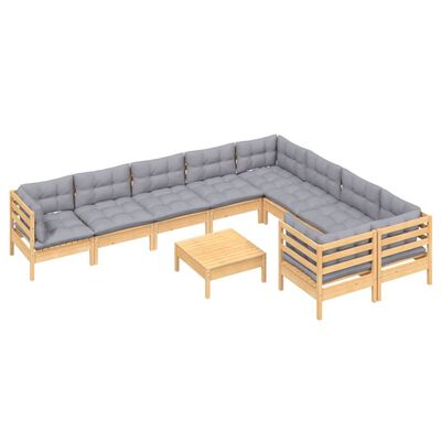 vidaXL 10 Piece Patio Lounge Set with Gray Cushions Pinewood