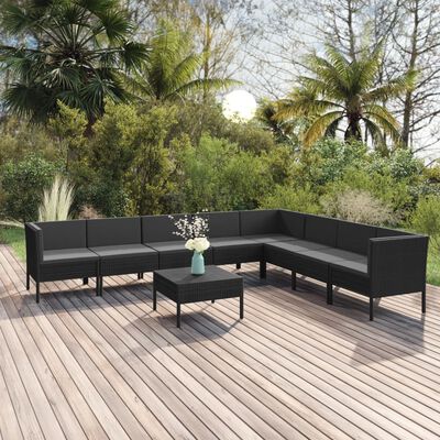 vidaXL 9 Piece Patio Lounge Set with Cushions Poly Rattan Black