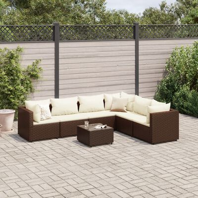 vidaXL 7 Piece Patio Lounge Set with Cushions Brown Poly Rattan