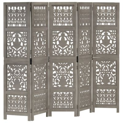 vidaXL Hand Carved 5-Panel Room Divider Gray 78.7"x65" Solid Mango Wood