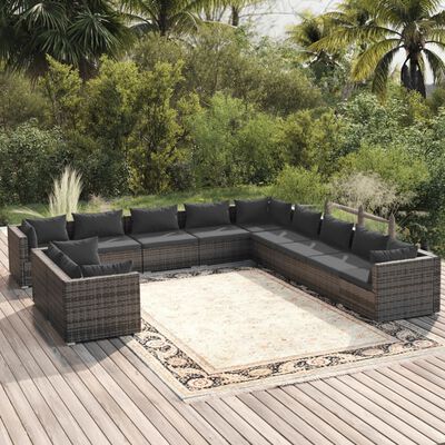 vidaXL 11 Piece Patio Lounge Set with Cushions Gray Poly Rattan