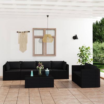 vidaXL 7 Piece Patio Lounge Set with Cushions Poly Rattan Black