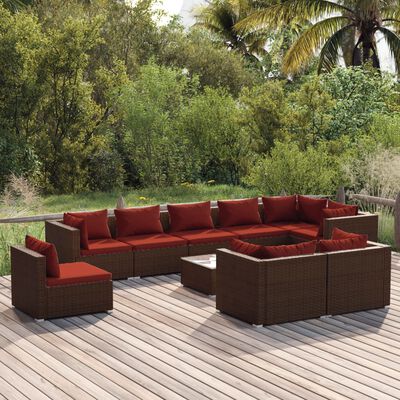 vidaXL 10 Piece Patio Lounge Set with Cushions Poly Rattan Brown