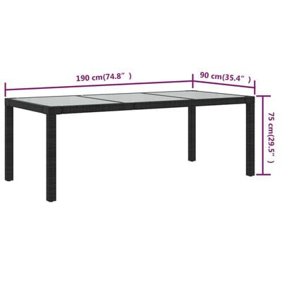 vidaXL Patio Table Black 74.8"x35.4"x29.5" Tempered Glass and Poly Rattan