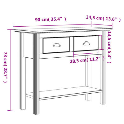 vidaXL Console Table BODO White 35.8"x13.8"x29.1" Solid Wood Pine