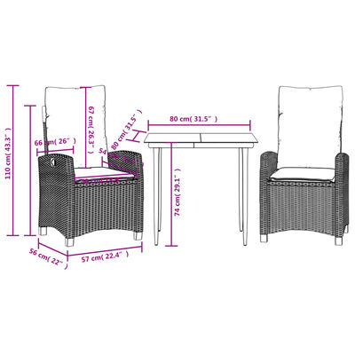 vidaXL 3 Piece Patio Dining Set with Cushions Black Poly Rattan