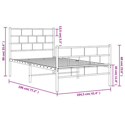 vidaXL Metal Bed Frame without Mattress with Footboard White 39.4"x74.8"