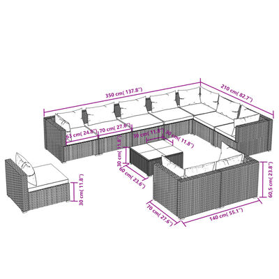 vidaXL 11 Piece Patio Lounge Set with Cushions Poly Rattan Brown