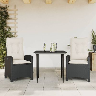 vidaXL 3 Piece Patio Dining Set with Cushions Black Poly Rattan