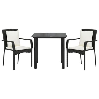 vidaXL 3 Piece Patio Dining Set with Cushions Black Poly Rattan