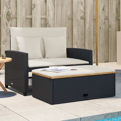 vidaXL Patio Sofa with Cushions 2-Seater Black Poly Rattan&Acacia Wood