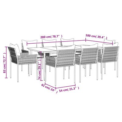 vidaXL 9 Piece Patio Dining Set with Cushions Poly Rattan and Steel