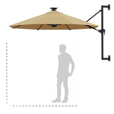 vidaXL Wall-mounted Garden Parasol with LEDs and Metal Pole 118.1" Taupe