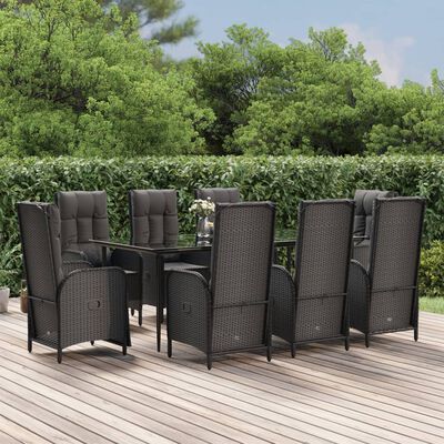 vidaXL 9 Piece Patio Dining Set with Cushions Black Poly Rattan