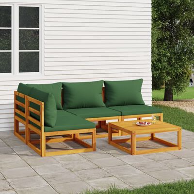 vidaXL 5 Piece Patio Lounge Set with Green Cushions Solid Wood