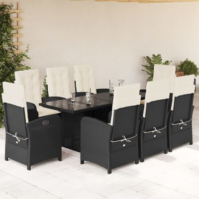 vidaXL 9 Piece Patio Dining Set with Cushions Black Poly Rattan