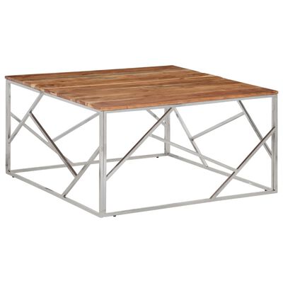 vidaXL Coffee Table Silver Stainless Steel and Solid Wood Acacia