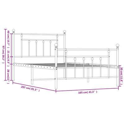 vidaXL Metal Bed Frame without Mattress with Footboard White 39.4"x78.7"