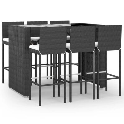 vidaXL 7 Piece Patio Bar Set with Cushions Black Poly Rattan