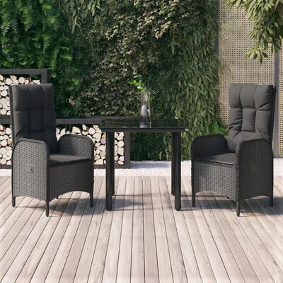 vidaXL 3 Piece Patio Dining Set with Cushions Black Poly Rattan