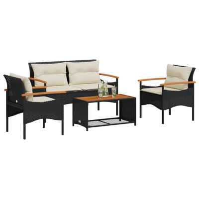 vidaXL 4 Piece Patio Sofa Set with Cushions Black Poly Rattan