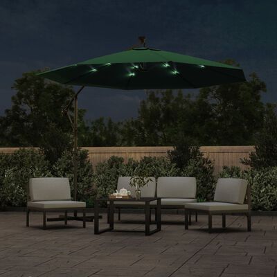 vidaXL Hanging Garden Parasol with LED Lighting 118.1" Green Metal Pole