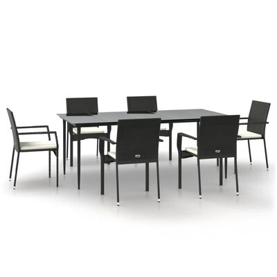 vidaXL 7 Piece Patio Dining Set with Cushions Black Poly Rattan