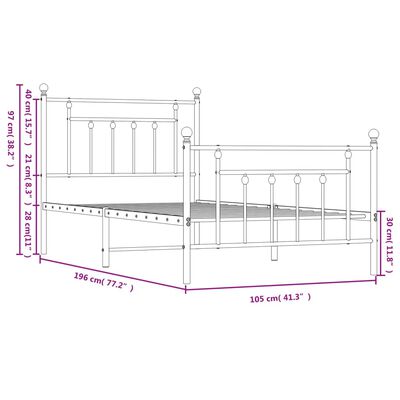 vidaXL Metal Bed Frame without Mattress with Footboard White 39.4"x74.8"