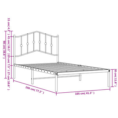 vidaXL Metal Bed Frame without Mattress with Headboard White 39.4"x74.8"