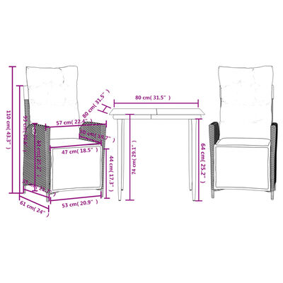 vidaXL 3 Piece Patio Dining Set with Cushions Brown Poly Rattan