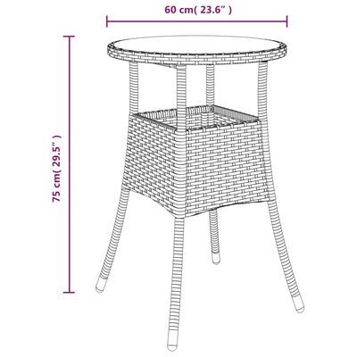 vidaXL Patio Table Ø23.6"x29.5" Tempered Glass and Poly Rattan Brown