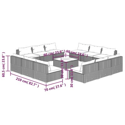 vidaXL 13 Piece Patio Lounge Set with Cushions Poly Rattan Gray