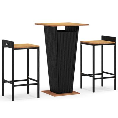 vidaXL 3 Piece Patio Bar Set Black Poly Rattan&Solid Wood Acacia