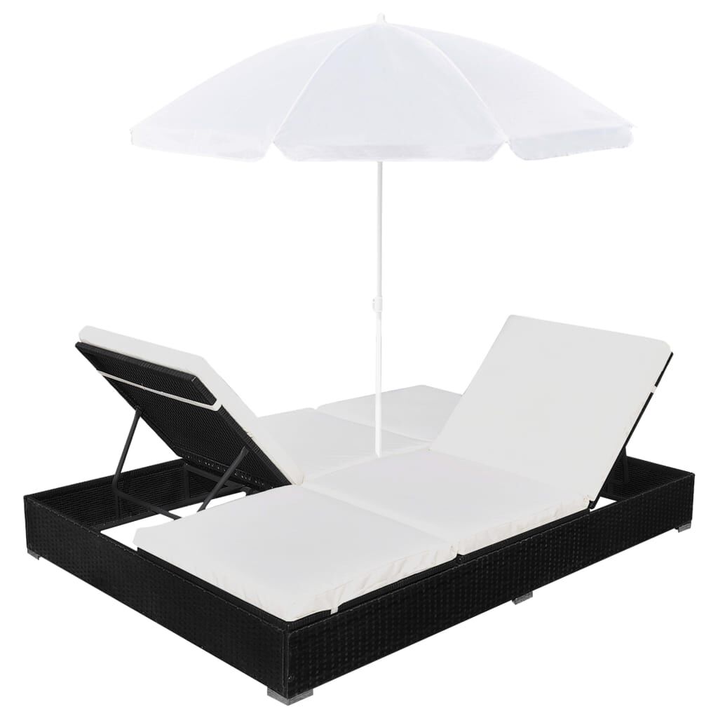 vidaXL Patio Lounge Bed with Umbrella Poly Rattan Black | vidaXL.com