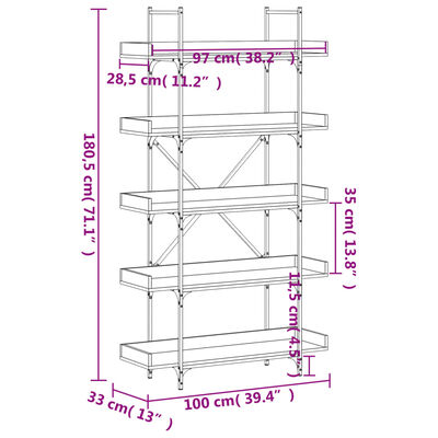 vidaXL Bookcase 5-Tier Brown Oak 39.4"x13"x71.1" Engineered Wood