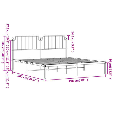 vidaXL Metal Bed Frame without Mattress with Headboard White 76"x79.9"