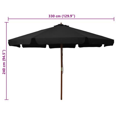 vidaXL Garden Parasol with Wooden Pole 129.9" Black