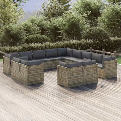 vidaXL 13 Piece Patio Lounge Set with Cushions Gray Poly Rattan