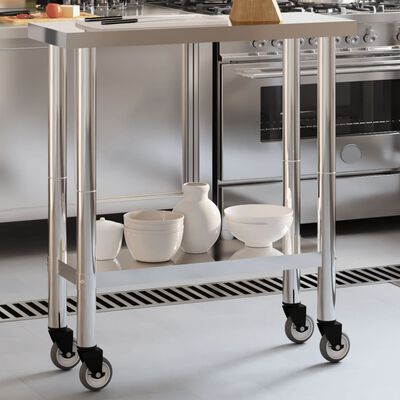 vidaXL Kitchen Work Table with Wheels 32.5"x11.8"x33.5" Stainless Steel