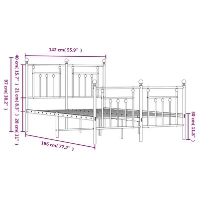 vidaXL Metal Bed Frame without Mattress with Footboard White 53.1"x74.8"